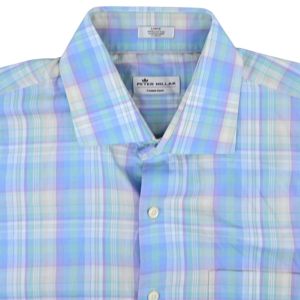 100% Cotton Peter Millar Crown Ease Shirt Large L Blue Pastel Plaid Mens